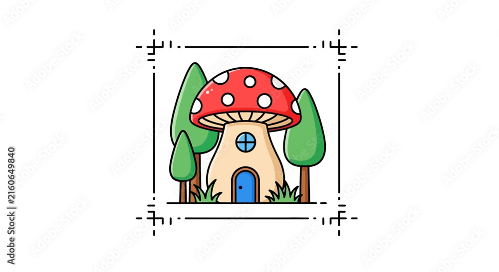 Fototapeta premium Whimsical Mushroom House Surrounded by Green Trees and Cute Plants