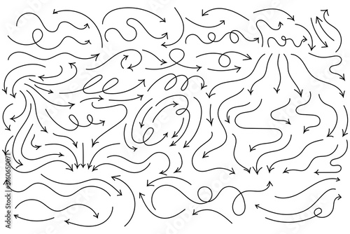 Simple Hand-Drawn Vector Arrow Set. Vector line doodles isolated on white. Set Black Vector Arrow.