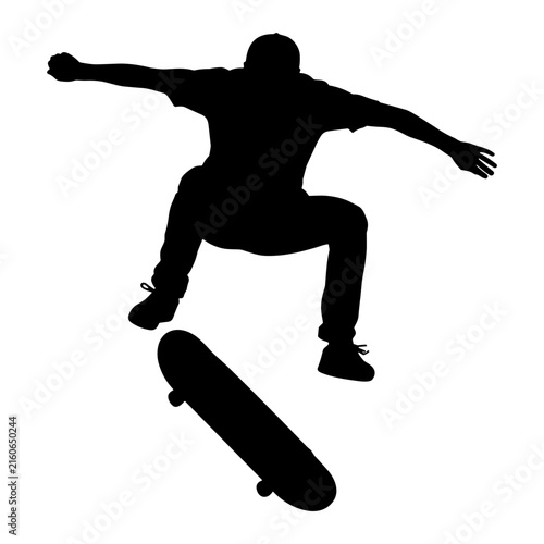 Canvastavla Male skateboarder doing kickflip trick in mid air silhouette isolated on transpa
