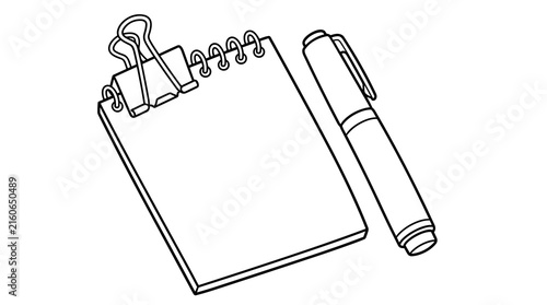 Black and white outline illustration of a notepad with a binder clip and a marker pen, isolated on white