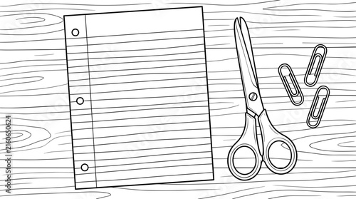 Line art illustration of ruled notebook paper, scissors, and paper clips on a wooden background, isolated