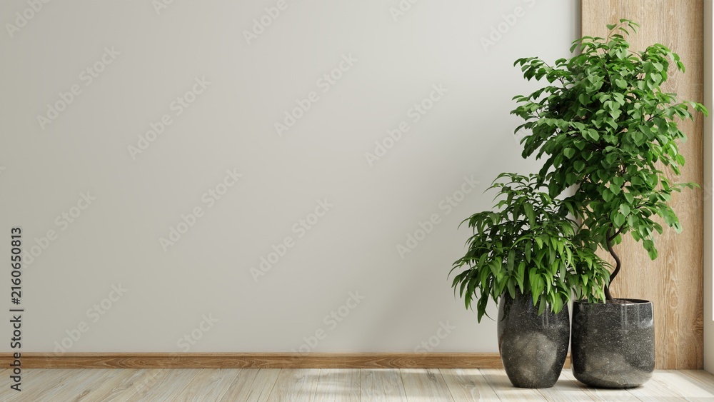 Naklejka premium Blank white wall mockup with potted green plants and wooden elements in modern interior- 3D rendering