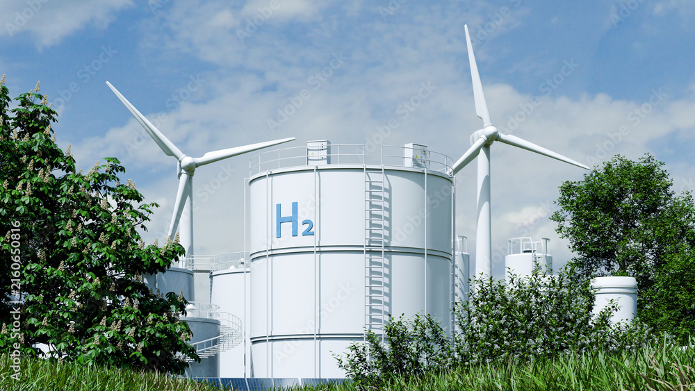 Naklejka premium Green hydrogen energy storage tank with wind turbines and solar panels in nature environment- 3D rendering