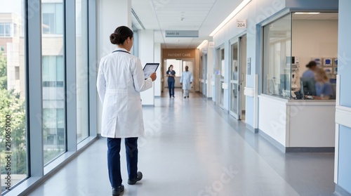 Back view of female doctor walking in hospital corridor holding tablet computer, medical staff working in modern clinic hallway, healthcare professional checking patient records