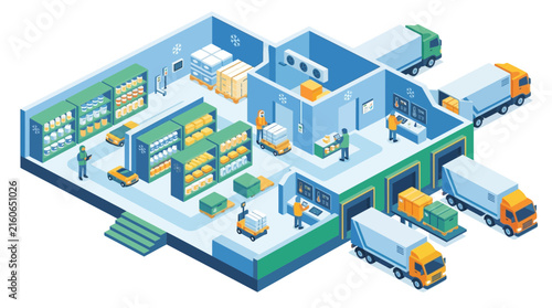 Logistics hub isometric view showcases organized shelving units, forklift trucks, staff members, and multiple cargo transport vehicles.