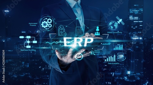 Enterprise Resource Planning ERP system global connectivity concept with automated process workflow and real-time data analytics dashboard for business management