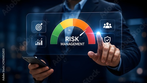 Businessman Touching High Risk Level On Risk Management Gauge Indicator Dashboard