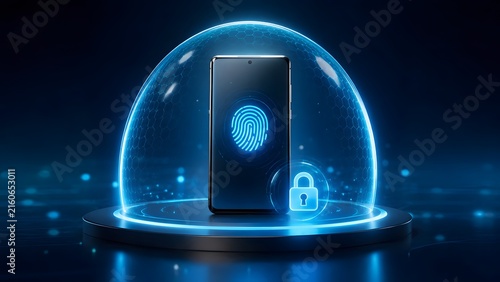 Smartphone Under Protective Cyber Dome Barrier With Glowing Biometric Fingerprint Lock