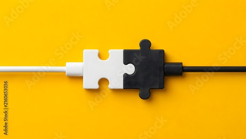 Black And White Puzzle Cable Connector Linking Seamless Business Partnership On Yellow