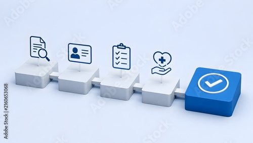 Sequential 3D Process Steps For Health Insurance Claim Approval And Healthcare Workflow