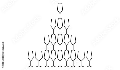 Stacked empty champagne glasses pyramid linear outline vector illustration