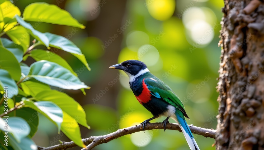 Obraz premium A vibrant bird with a green head and red breast stands perched on a branch in a lush, tropical setting. The bird is facing left, its beak slightly open as if possibly singing or communicating