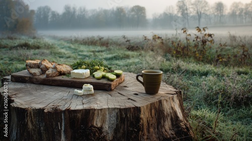 A peaceful morning scene in a wide rural landscape. A sawed-off tree trunk serves as a makeshift table for a traveler's breakfast. Sliced baguette, local cheese, fresh garden vegetables on a wooden