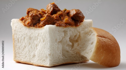 A clean product shot of a Bunny Chow on a white background. A half-loaf of unsliced white bread is utilized, filled with beef curry. The bread scooped from the center is placed beside the loaf. The