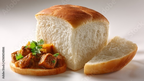 A clean product shot of a Bunny Chow on a white background. A half-loaf of unsliced white bread is utilized, filled with beef curry. The bread scooped from the center is placed beside the loaf. The