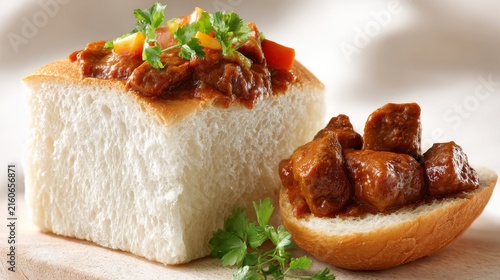 A clean product shot of a Bunny Chow on a white background. A half-loaf of unsliced white bread is utilized, filled with beef curry. The bread scooped from the center is placed beside the loaf. The
