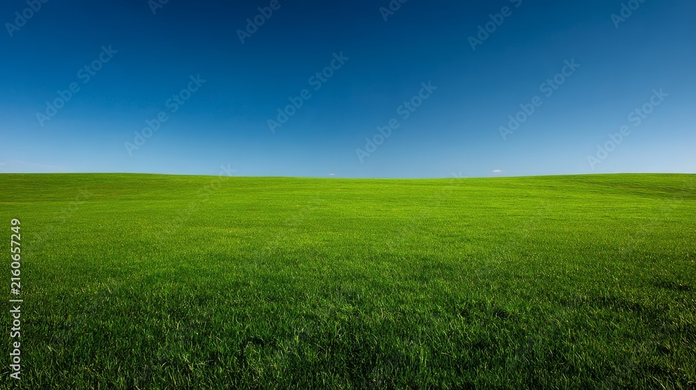 Obraz premium A panoramic stock photograph of a pristine nature scene. A perfectly manicured green lawn stretches out to meet a gradient blue sky. No trees or buildings are visible, just the simple contrast
