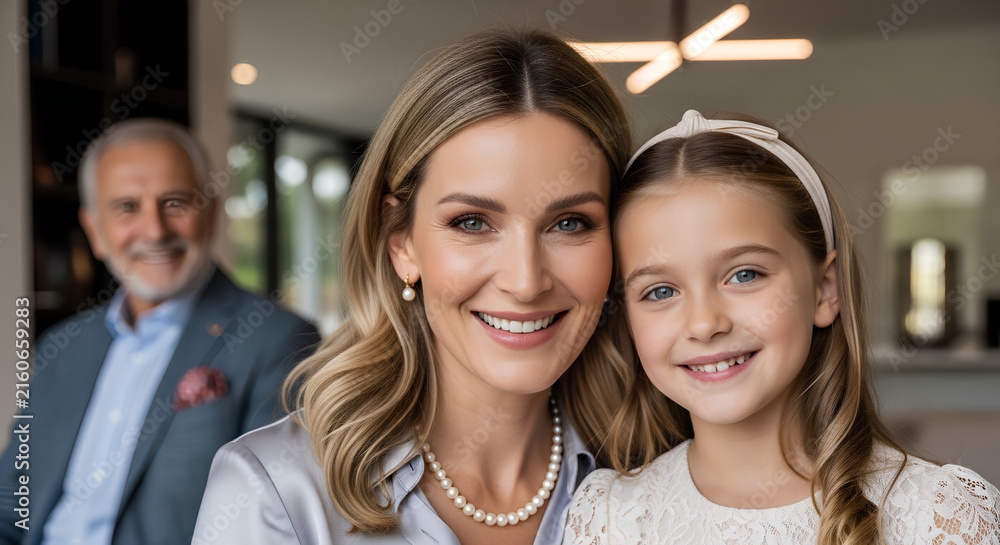 Obraz premium A smiling woman and young girl pose with an older man in the background, depicting a happy family moment indoors.