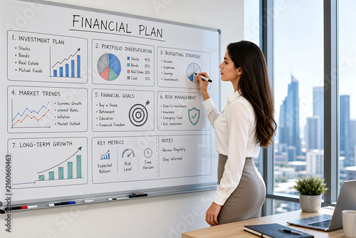 Businesswoman presenting financial plan on whiteboard with investment and budget strategy