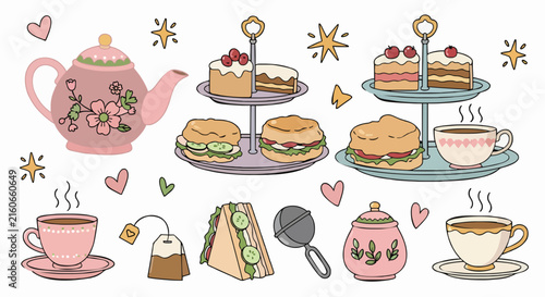 Hand-drawn illustration of a decorative afternoon tea set with teapot, tiered cake stands, and snacks.