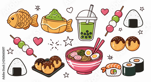 Cute kawaii collection of Japanese street food icons featuring ramen sushi and matcha bubble tea.