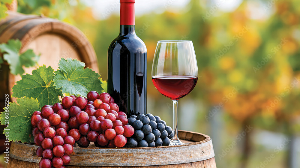 Fototapeta premium Vineyard wine bottle red wine grape bunch wine glass wooden barrel autumn harvest