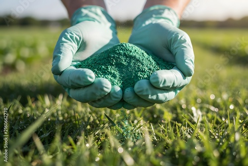 Close-up of a person wearing protective green gloves holding a handful of granular green fertilizer, ready to spread it over a lush green lawn on a sunny day outdoors.