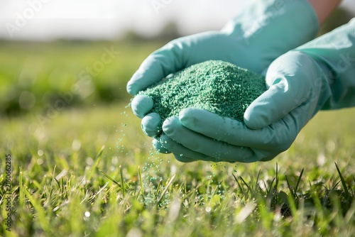 A gardener in protective rubber gloves sprinkling green fertilizer pellets onto a vibrant green grass lawn, focusing on lawn care and healthy plant growth in the garden.