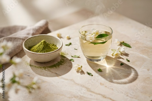 A serene scene of a glass of clear tea with jasmine flowers and a small bowl of matcha powder, bathed in soft sunlight, representing wellness and relaxation.