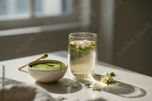 Refreshing glass of clear jasmine tea with floating flowers, next to a bowl of matcha powder and a wooden spoon, bathed in soft sunlight near a window, promoting a sense of calm and natural wellness.