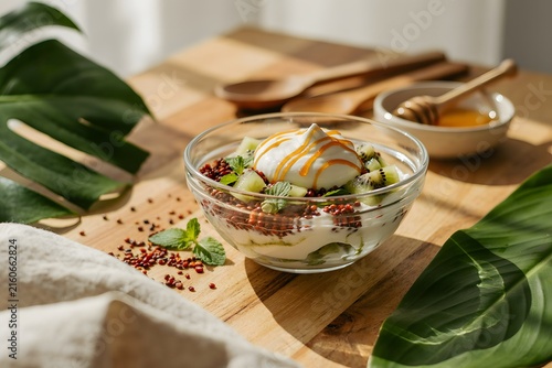 Overhead view of a refreshing dessert bowl with yogurt, kiwi, grains, and mint, drizzled with caramel sauce, set on a wooden table with tropical leaves and honey.