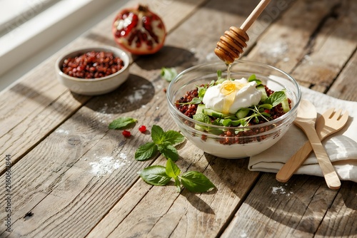 Overhead view of a vibrant breakfast bowl with yogurt, red grains, cucumber, and herbs, drizzled with honey from a wooden dipper, with pomegranate and flax seeds nearby.