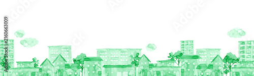 Plakat 街並み 緑 背景 風景 横長 水彩 イラスト
