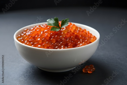 Luxurious red caviar served in a white bowl, garnished with a parsley leaf, on a dark, textured background, representing gourmet seafood and fine dining.