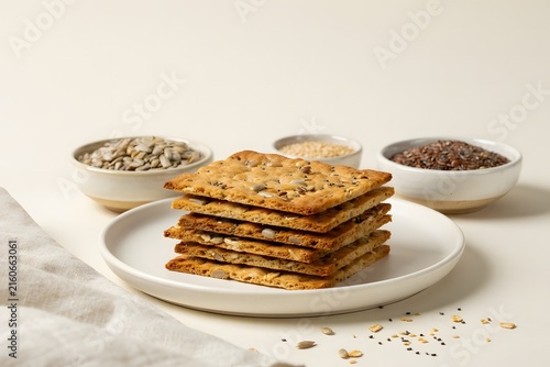 Stack of whole grain crackers with seeds on a white plate, surrounded by small bowls of sunflower seeds, sesame seeds, and flax seeds, on a neutral background.