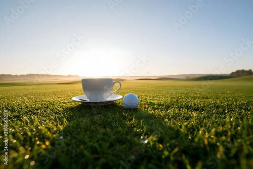 A serene early morning scene on a golf course with a cup of coffee and a golf ball resting on the dew-covered grass, bathed in the golden sunrise light.