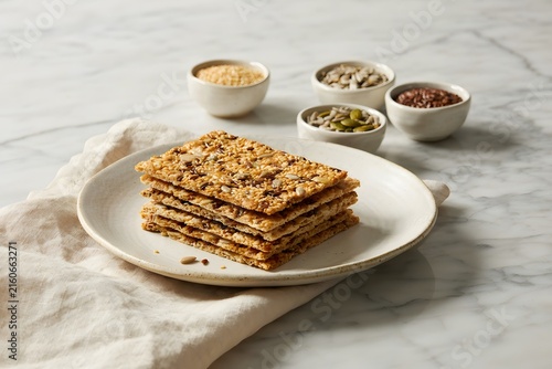 A stack of healthy seed crackers on a white plate, surrounded by small bowls of flax seeds, sunflower seeds, and pumpkin seeds, on a marble countertop.