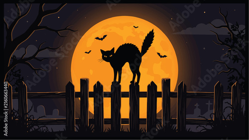 Spooky Halloween illustration featuring a black cat with arched back standing on a fence under a large full moon at night