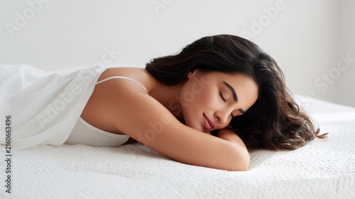 Serene back view of woman sleeping peacefully on premium memory foam mattress against minimalist white background, spine perfectly aligned in ergonomic position demonstrating optimal sleep posture,