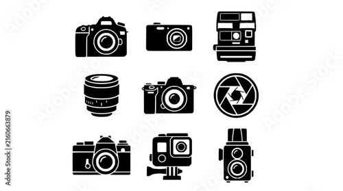 Camera icon set with modern grid display featuring vintage, digital, and film cameras with flat design and minimal style