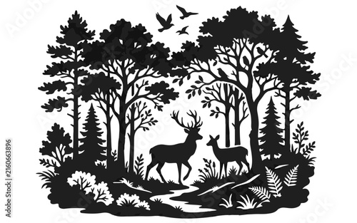 Forest silhouette scene with deer and birds, monochrome vector art, pine tree shadows, wildlife graphic, nature landscape illustration, black and white environmental design isolated on White