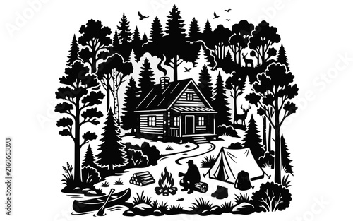 Vintage Forest Camping Scene Vector Illustration, Black and White Woodcut Style Mountain Cabin, Outdoor Adventure Silhouette isolated on White Background