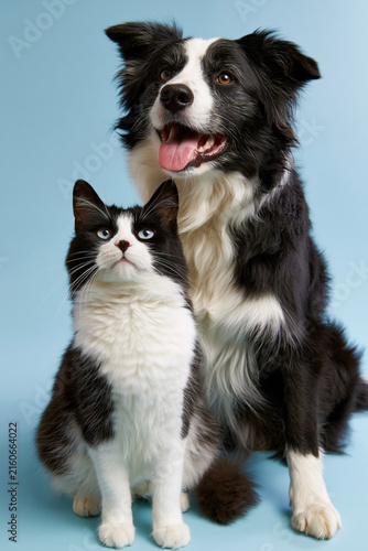Black and white cat and dog sitting together against blue background, creating friendly companion portrait with expressive faces and soft studio lighting