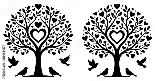 Love tree vector illustration with heart foliage and birds illustration silhouette romantic graphics