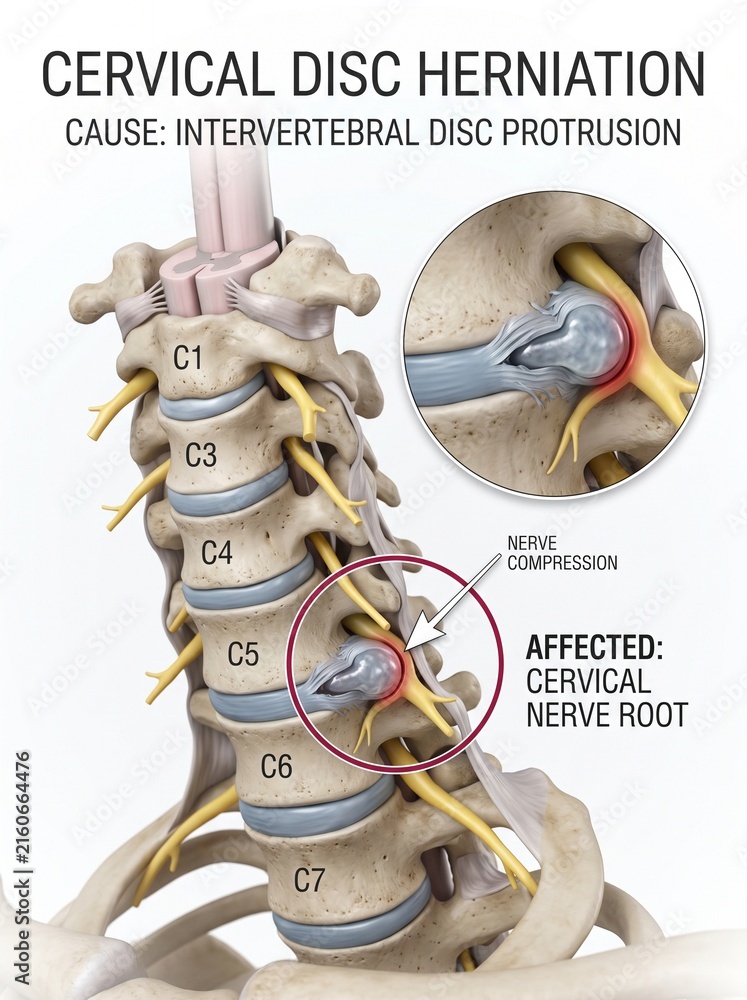 Obraz premium Cervical Disc Herniation and Nerve Compression Medical Illustration