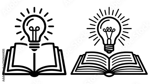 Black and white vector illustration of an open book with a glowing light bulb idea concept symbol education knowledge