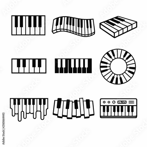 Nine minimalist piano keyboard icons in various creative shapes and styles on a white.