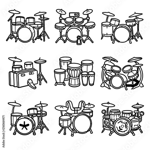 A collection of nine black and white line art illustrations depicting various drum kits.