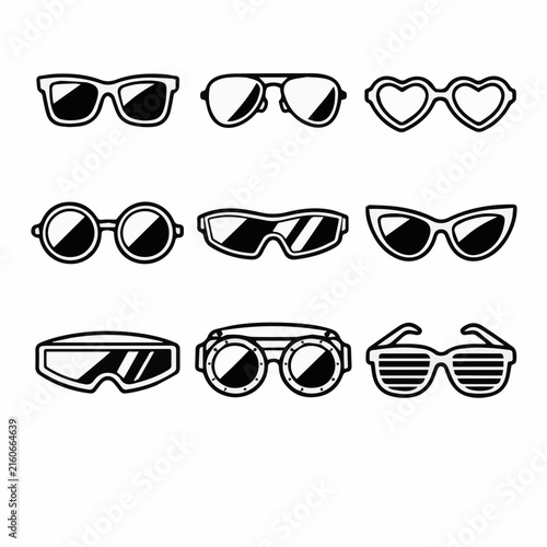 A collection of nine different styles of sunglasses are displayed as black line art icons.
