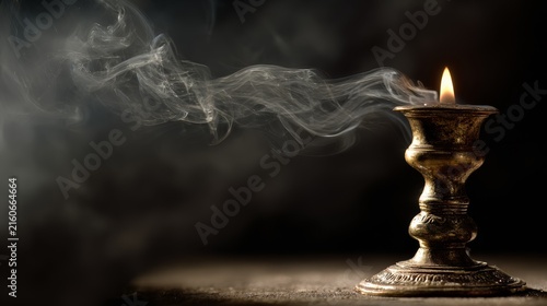Evocative close-up photograph of vintage brass candlestick holder with partially consumed antique candle just extinguished, billowing smoke forming mysterious patterns against shadowy background,